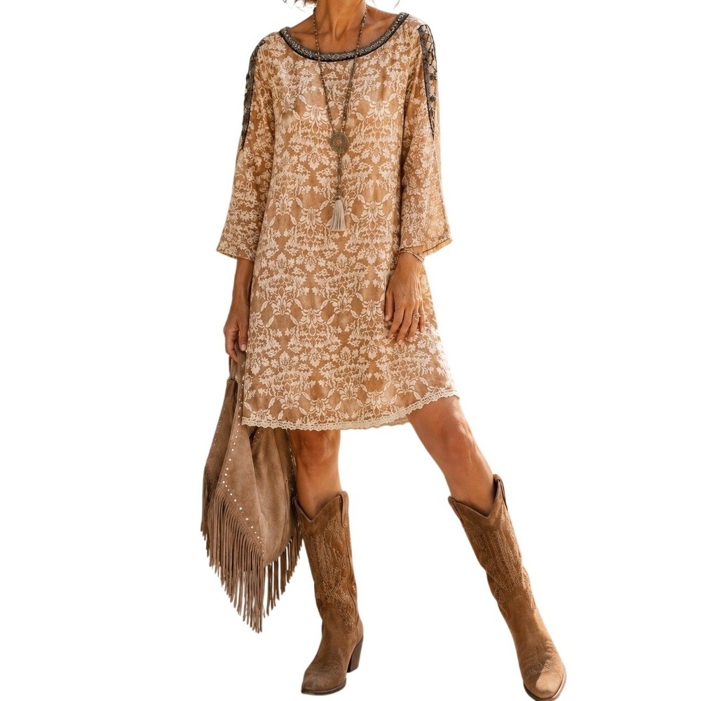 Sundance Champagne Dreams Beige Damask Burnout Velvet Beaded Shift Dress Size 8